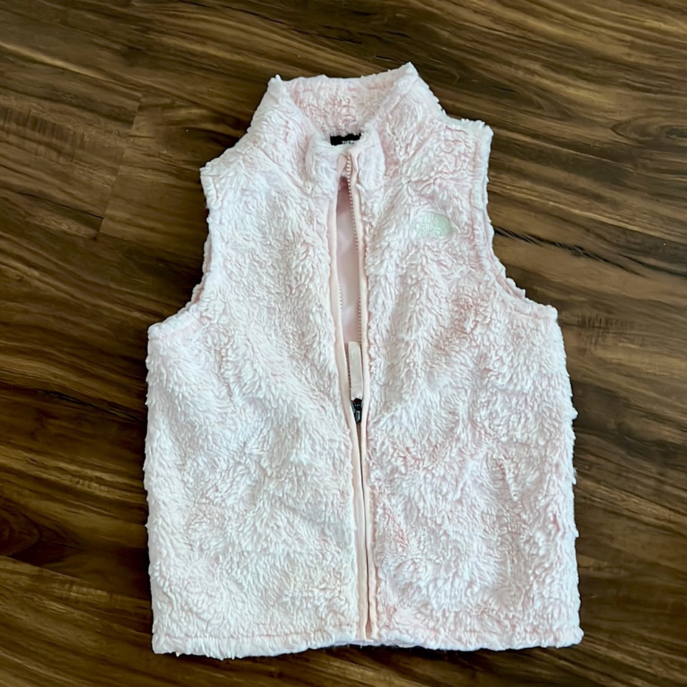 North Face light/pastel pink faux fur vest